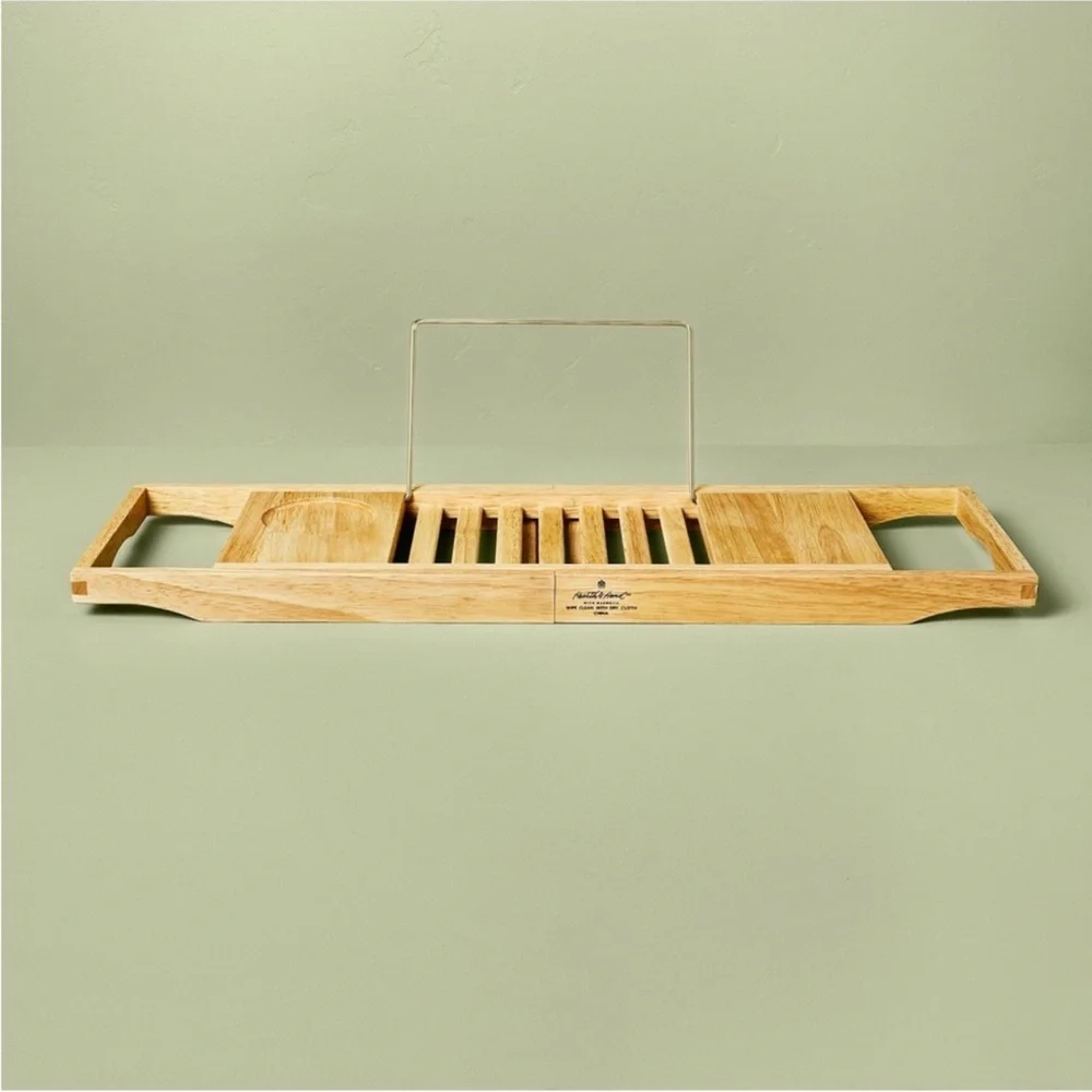 Hearth & Hand Expandable Wood Bathtub Wooden Bath Tray Natural Cup Holder NEW